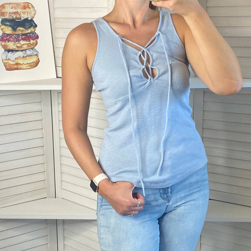 Free People blue criss cross tie tank top